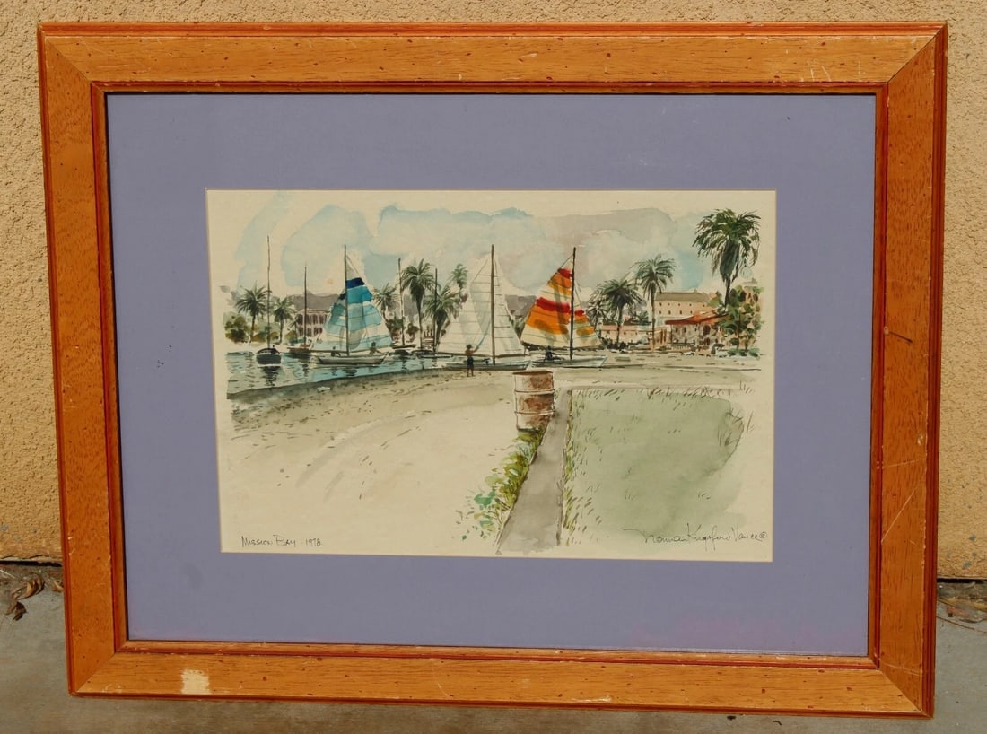 NORMAN KINGSFORD VANCE Mission Bay Sailboats San Diego 1978 FRAMED watercolor - 4