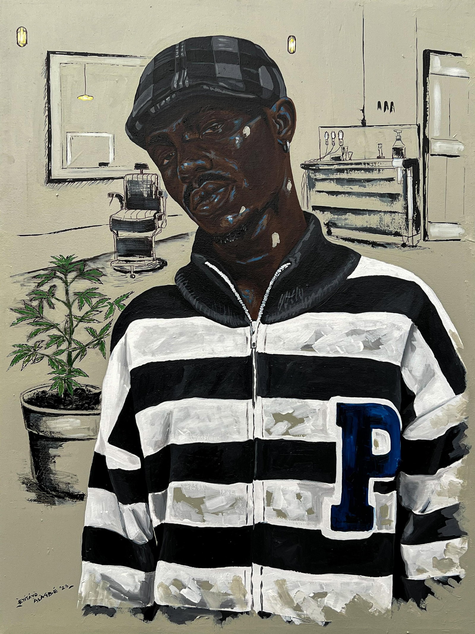 Eyitayo Alagbe , Portrait of My Barber (At The Barber Shop) - 21st Century, Contemporary, Africa,: Creator: Eyitayo Alagbe (1997, Nigerian) Creation Year: 2023 Dimensions: Height: 48 in (121.92 cm)Width: 36 in (91.44 cm)Depth: 1 in (2.54 cm) Medium: Canvas,Pastel,Ink,Acrylic,Mixed Media Movement &