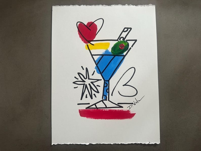 Miami Florida local artist HAND PAINTED Acrylic Painting simple martini olive and heart fun original (1 of 1)
