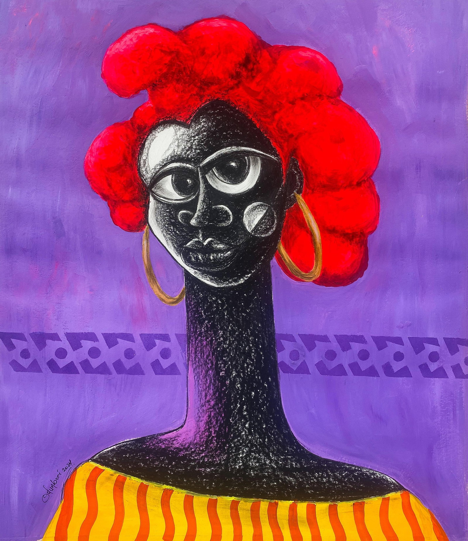 Olalekan Odunbori, Hibiscus - 21st Century, Contemporary, Figurative Painting, Mixed Media, Women,: Creator: Olalekan Odunbori (1989, Nigerian) Creation Year: 2024 Dimensions: Height: 28 in (71.12 cm)Width: 24 in (60.96 cm)Depth: 1 in (2.54 cm) Medium: Paper,Charcoal,Acrylic Movement & Style: Contem