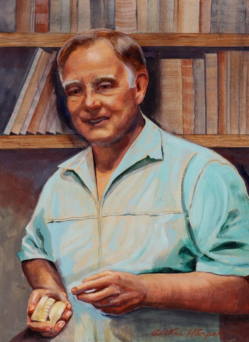 ALTHEA HARPER Man in a Library with Books Holding False Teeth oil painting - 2
