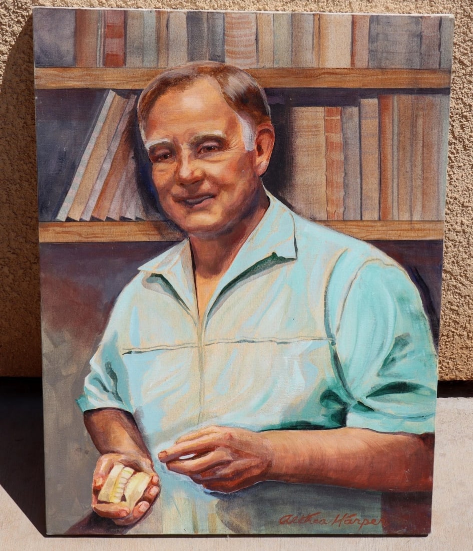 ALTHEA HARPER Man in a Library with Books Holding False Teeth oil painting - 3