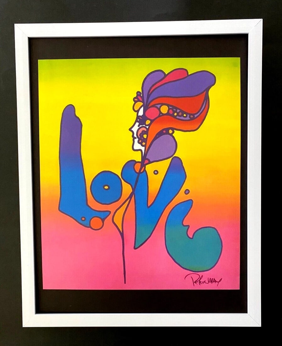 PETER MAX + BEAUTIFUL + LOVE SIGNED PRINT + NEW FRAME: We have for Sale this Print After PETER MAX AWESOME PRINT ON GLOSSY PAPER FACSIMILE SIGNED IN INK FULL OF COLOR PRINT SIZE OF THE PRINT IS ABOUT : 10 X 8 in FRAME COVERS AN AREA OF 15 X 12 in MOUNTED 