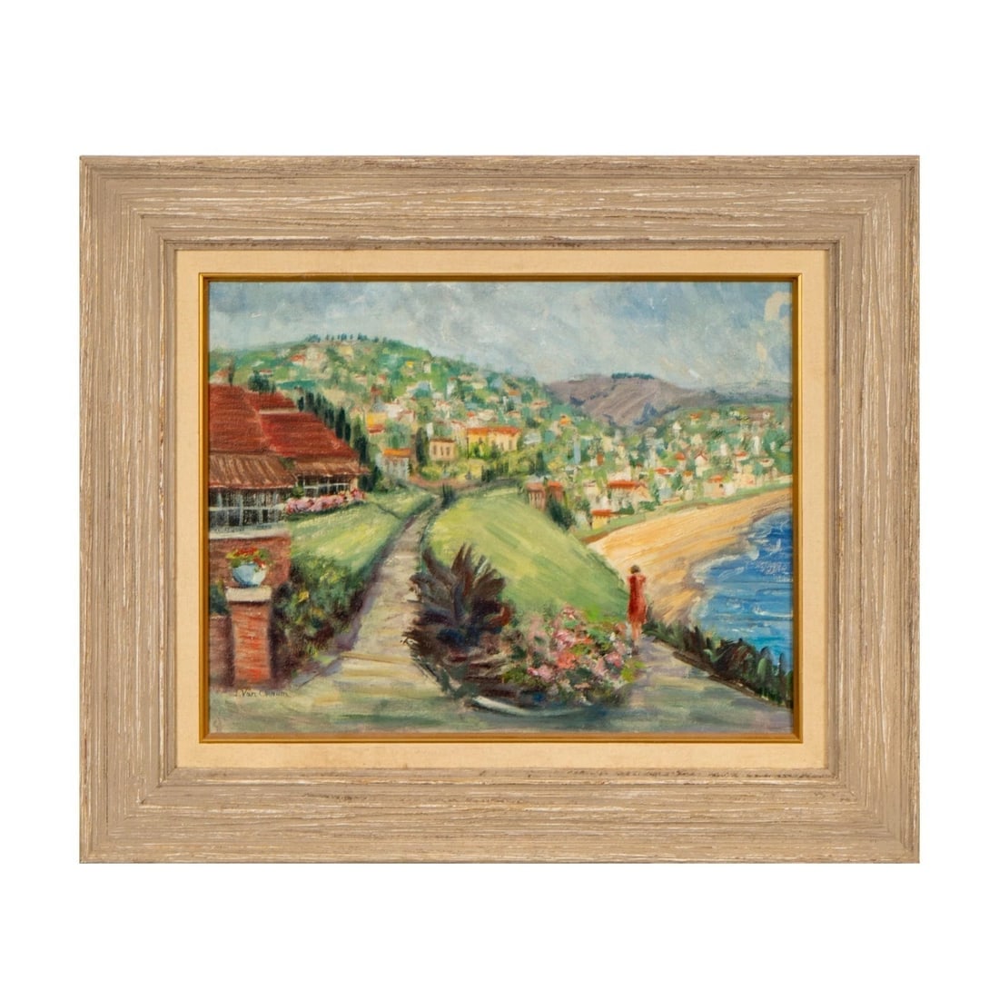 I. VAN ORNUM Original oil Woman on a Path by the Sea w/ Hillside Houses Laguna - 2