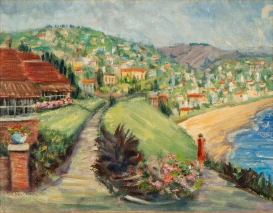 I. VAN ORNUM Original oil Woman on a Path by the Sea w/ Hillside Houses Laguna - 3