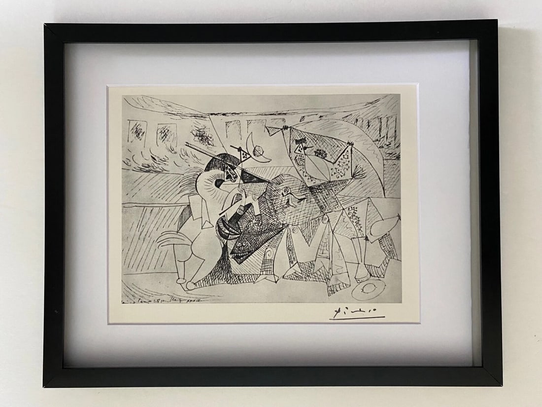 PABLO PICASSO + 1960 SIGNED TOREROS PRINT FRAMED ART: This is a Beautiful and Scarce 1961 Print after PABLO PICASSO " CORRIDA DE TOROS " with facsimile Signature in ink from His Collection Dessins de Tauromachie Matted and Framed covering an area of