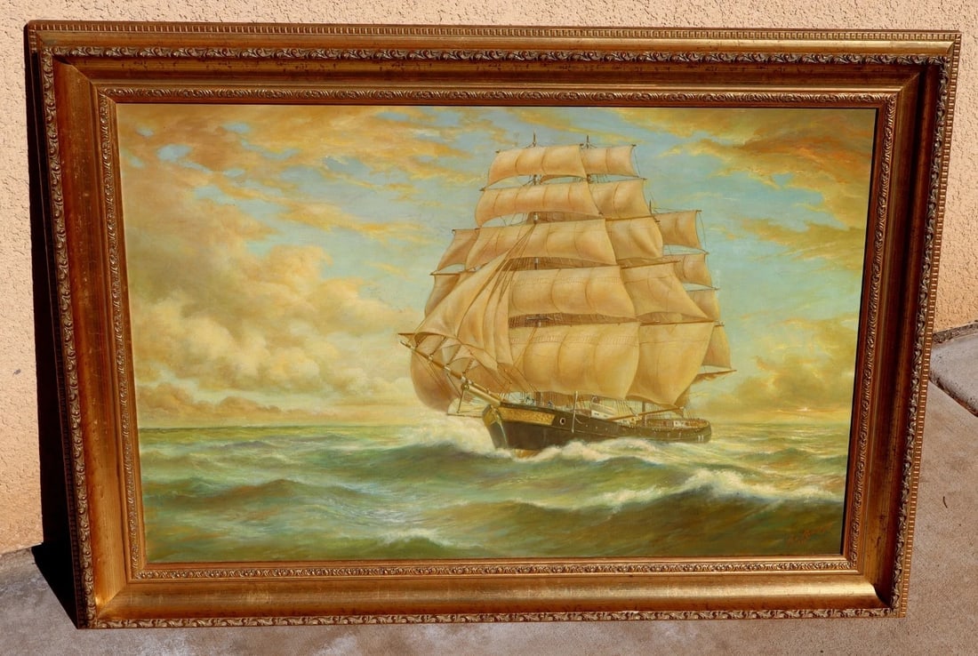 LEO RAWLINGS British Ship on the High Seas original oil painting 1972 - 3