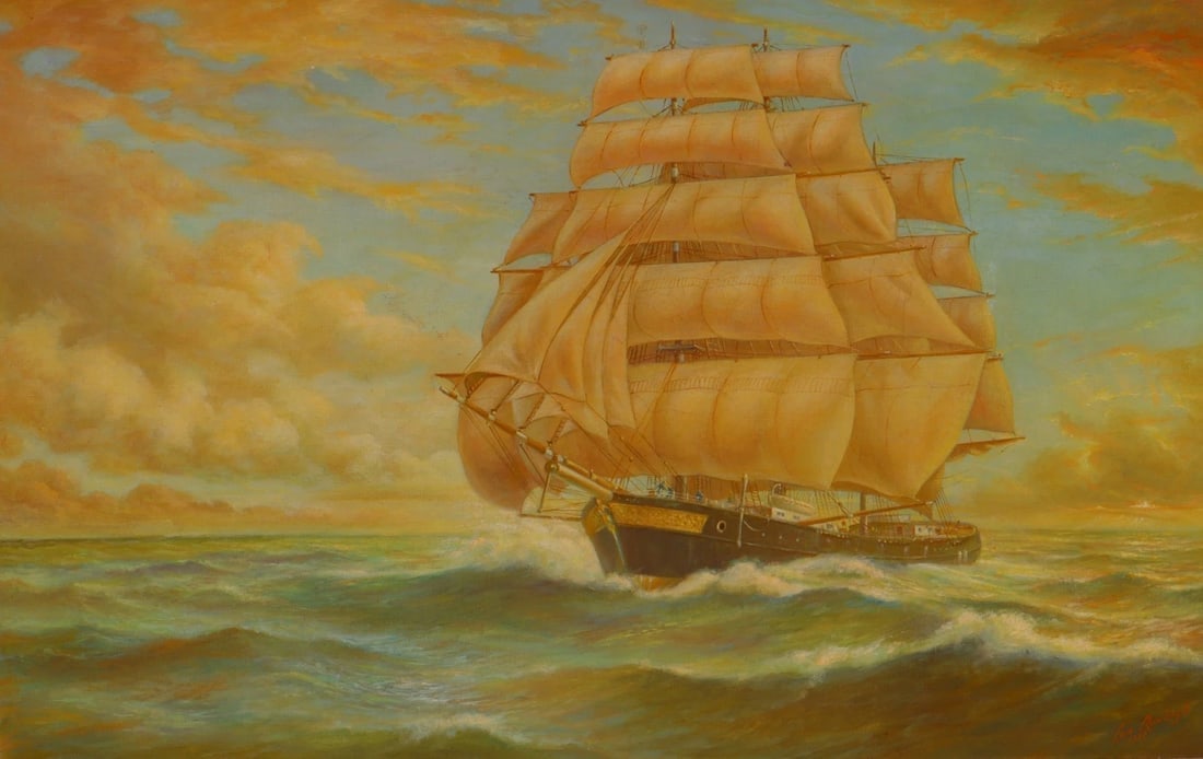 LEO RAWLINGS British Ship on the High Seas original oil painting 1972 - 4