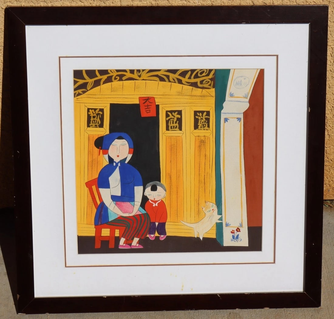 Wu Chi Yong Chinese Modernist Original Watercolor Gouache Woman, Child, Cat: Title:Wu Chi Yong Chinese Modernist Original Watercolor Gouache Woman, Child, Cat Description:WU CHI YONG (b. 1948). Original painting. Chinese Modernist Expressionist, Woman, Child & Cat, 9-3/4" x