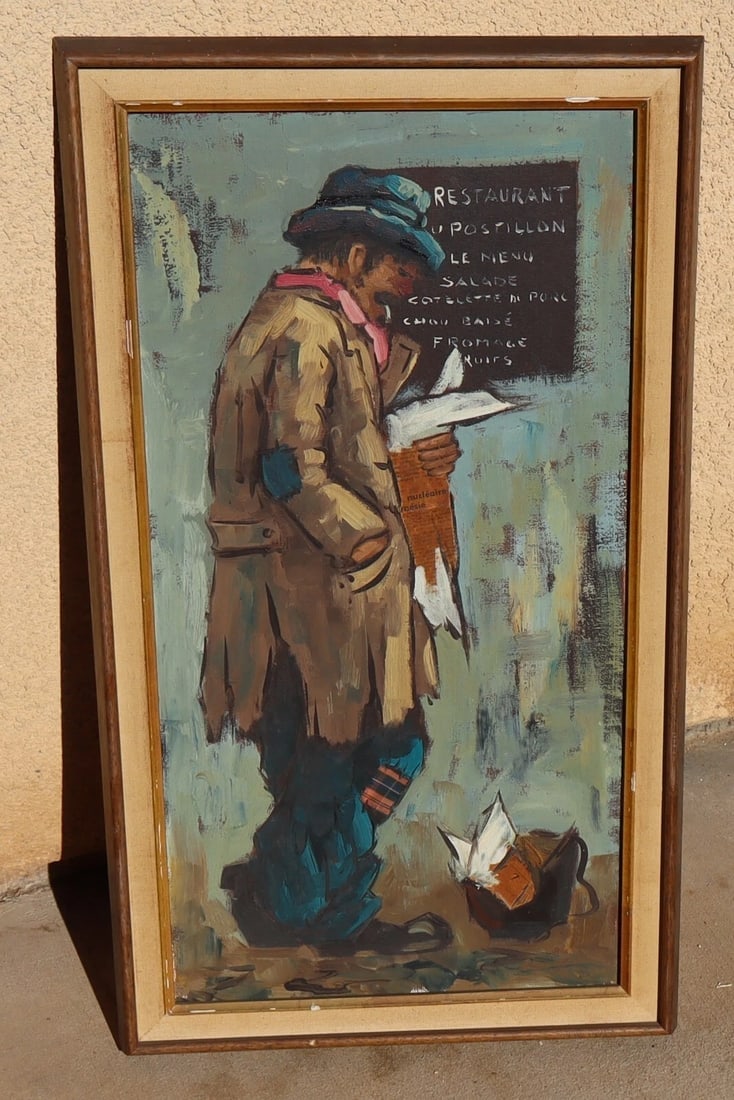 MCM SCHOOL OF PARIS Man Holding Newspaper Standing by a Restaurant Menu oil - 2