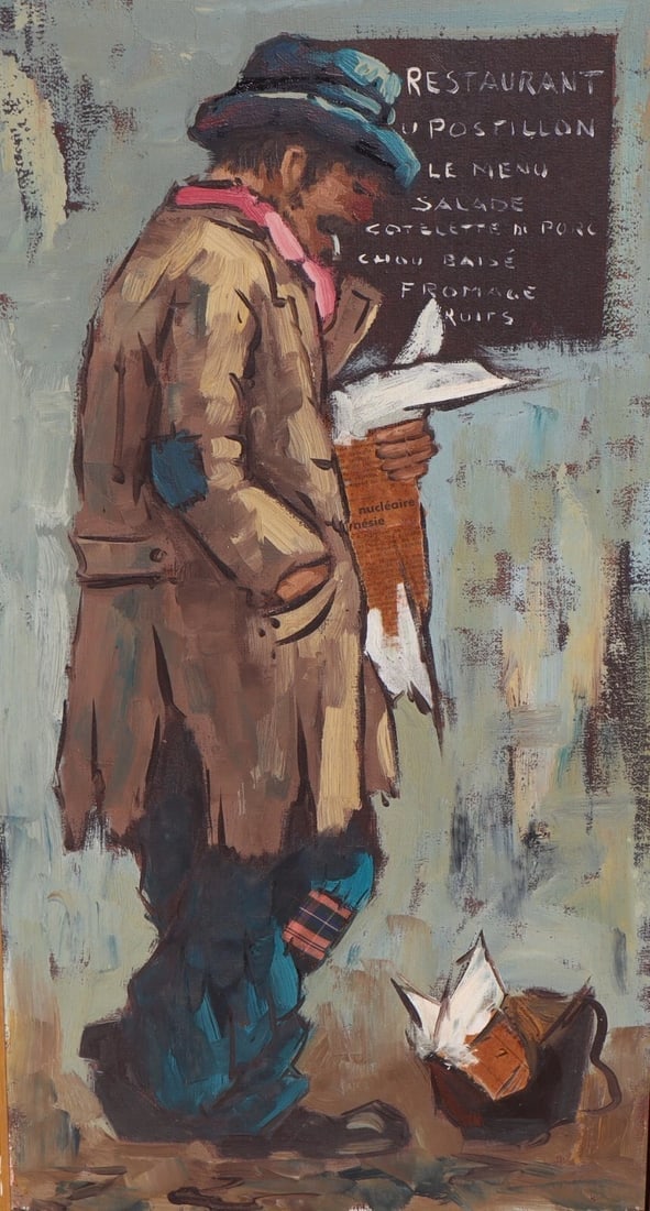 MCM SCHOOL OF PARIS Man Holding Newspaper Standing by a Restaurant Menu oil - 3