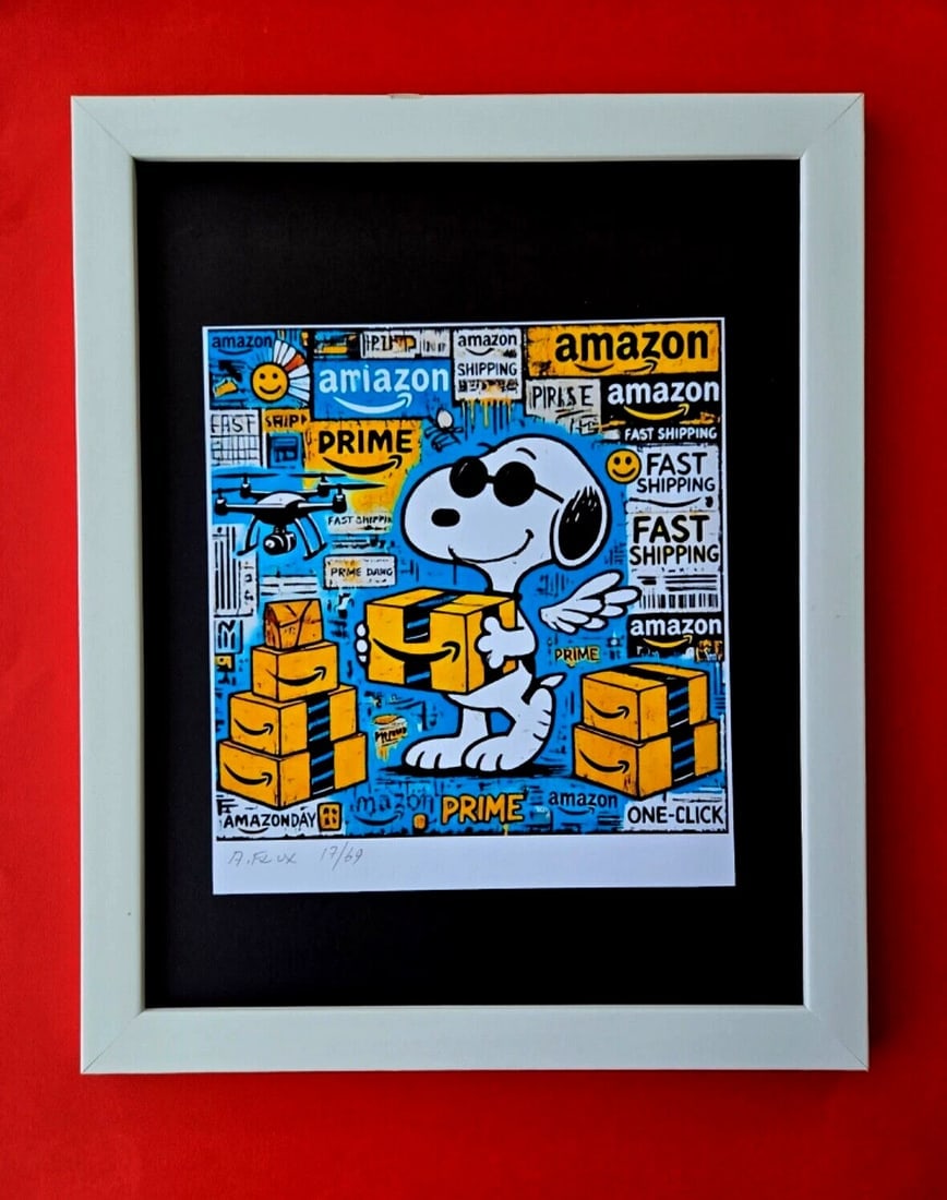AIDAN FLUX | Hand Signed Authentic Print Framed SNOOPY HAS AMAZON PRIME COA: This is a one-of-a-kind Hand Signed Authentic Giclee by AIDAN FLUX. From his Series "American Icons" The print is 8x8in., measuring framed 16 inches in height and 12 inches in width, it comes framed
