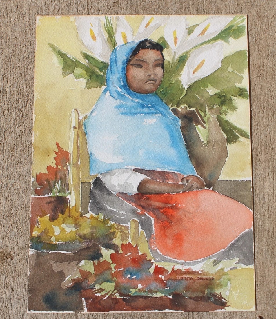 LOMITA SIEVERS Napa Valley MCM Artist Latino Girl with Calla Lilies watercolor - 3