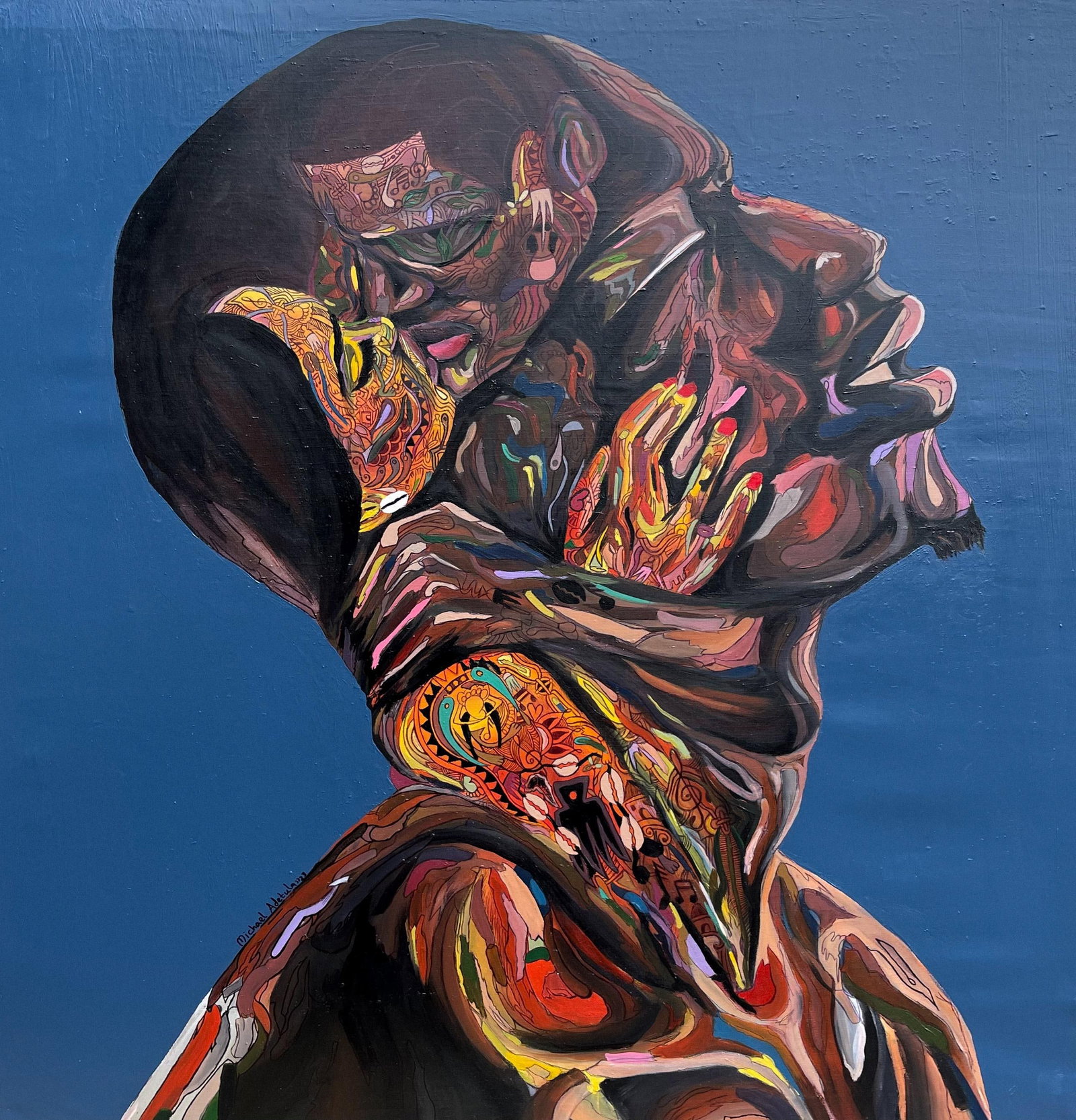 Michael Adetula, All in My Head - 21st Century Contemporary, Figurative, Men, Love, Thoughts, 2023: Creator: Michael Adetula (1998, Nigerian) Creation Year: 2023 Dimensions: Height: 36 in (91.44 cm)Width: 36 in (91.44 cm)Depth: 1 in (2.54 cm) Medium: Canvas,Charcoal,Mixed Media,Acrylic Movement & St