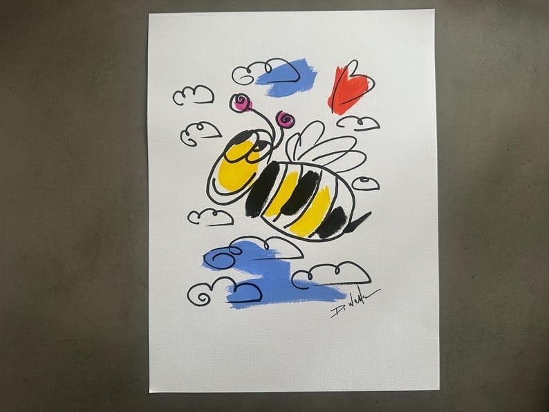 Miami Florida local artist HAND PAINTED Acrylic Painting simple busy bee and heart fun original one (1 of 1)