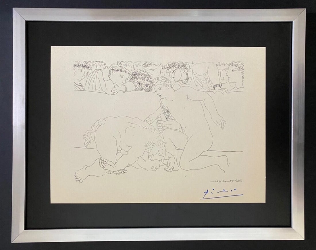 PABLO PICASSO 1955 ARTISTIC FIGURE SIGNED PRINT FRAMED ART: This is a Beautiful and Scarce ARTISTIC FIGURE 1955 Print After PABLO PICASSO FACSIMILE SIGNED IN INK Mounted and Framed Covering an area of 15x12in. Printed in Beautiful Paper after this Iconic