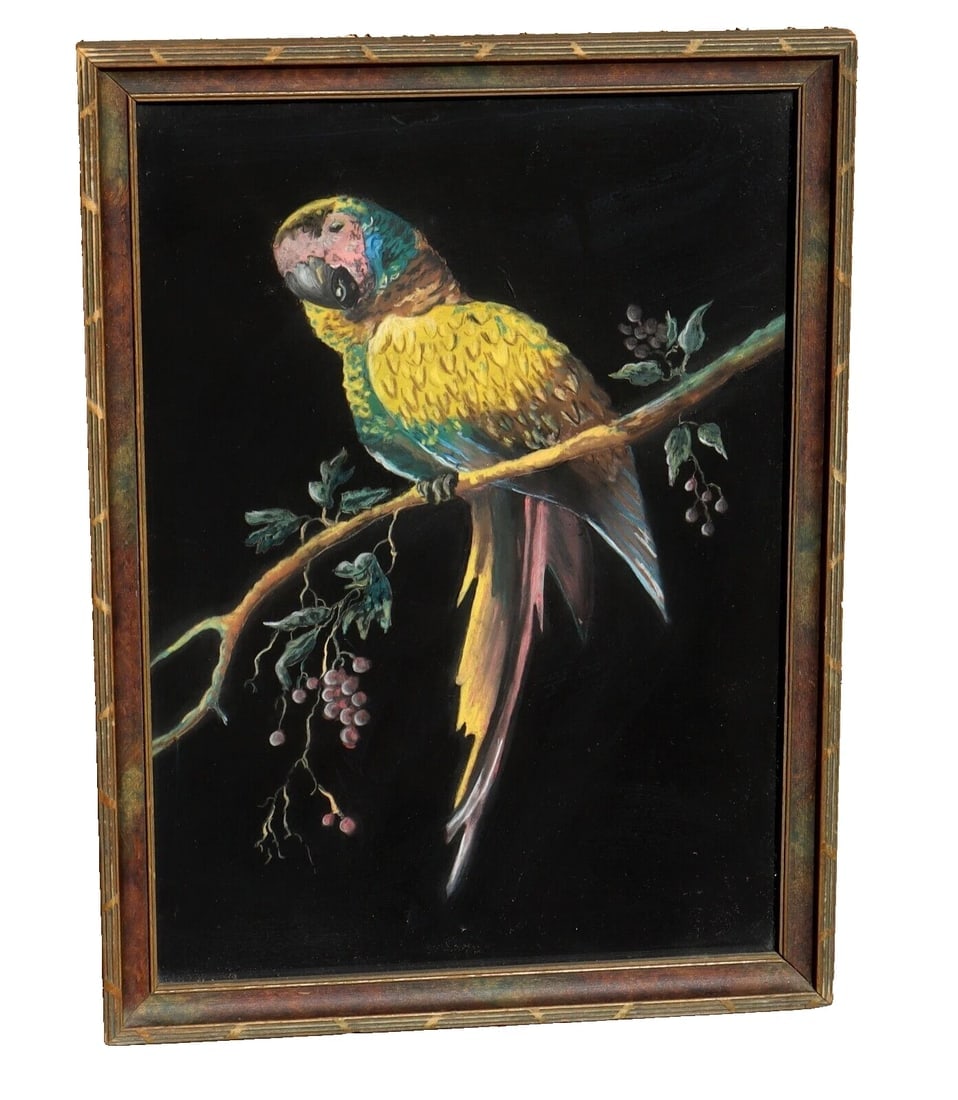 Beautiful Antique Parrot on a Branch PASTEL painting - 2