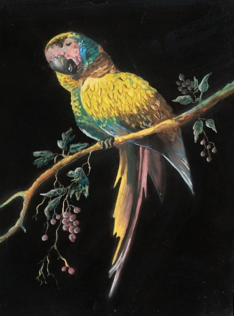 Beautiful Antique Parrot on a Branch PASTEL painting - 4