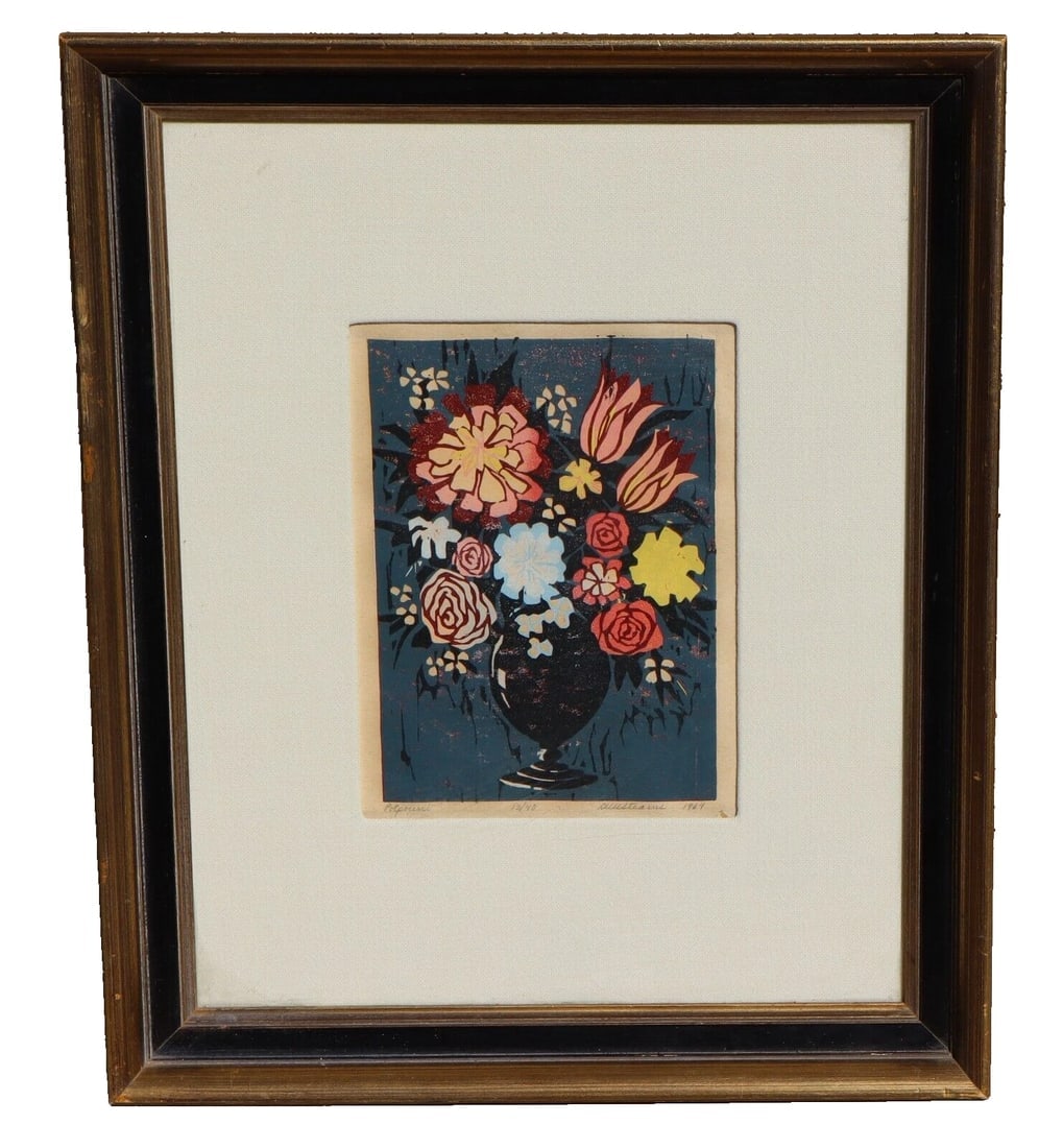 DAVID W. STEARNS Fine Gallery MCM S/N Rare Floral Woodcut "Potpourri" 1964 13/40: Title:DAVID W. STEARNS Fine Gallery MCM S/N Rare Floral Woodcut "Potpourri" 1964 13/40 Description:David W. Stearns (1935 - ). Fine Gallery Mid Century Modern Floral Woodcut "Potpourri" 1964, 9" x
