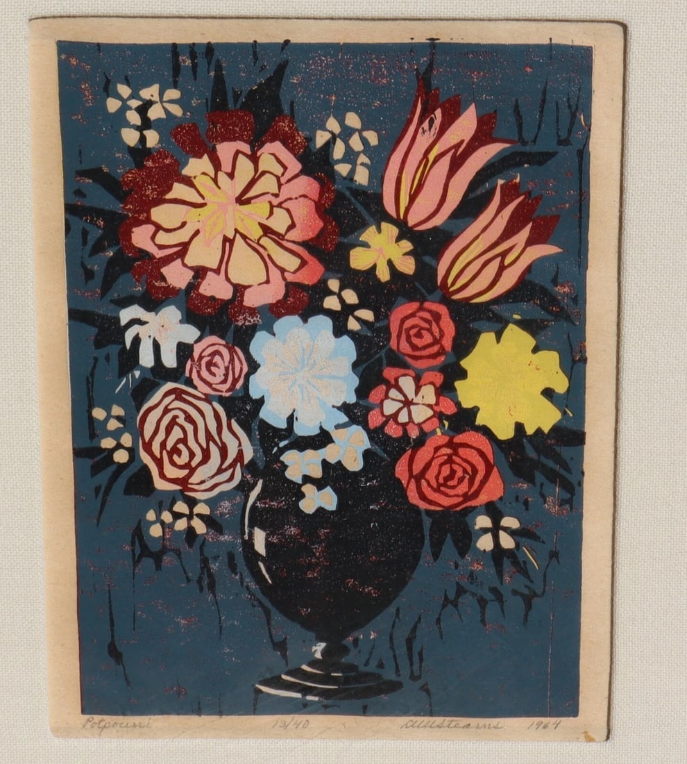 DAVID W. STEARNS Fine Gallery MCM S/N Rare Floral Woodcut "Potpourri" 1964 13/40 - 4