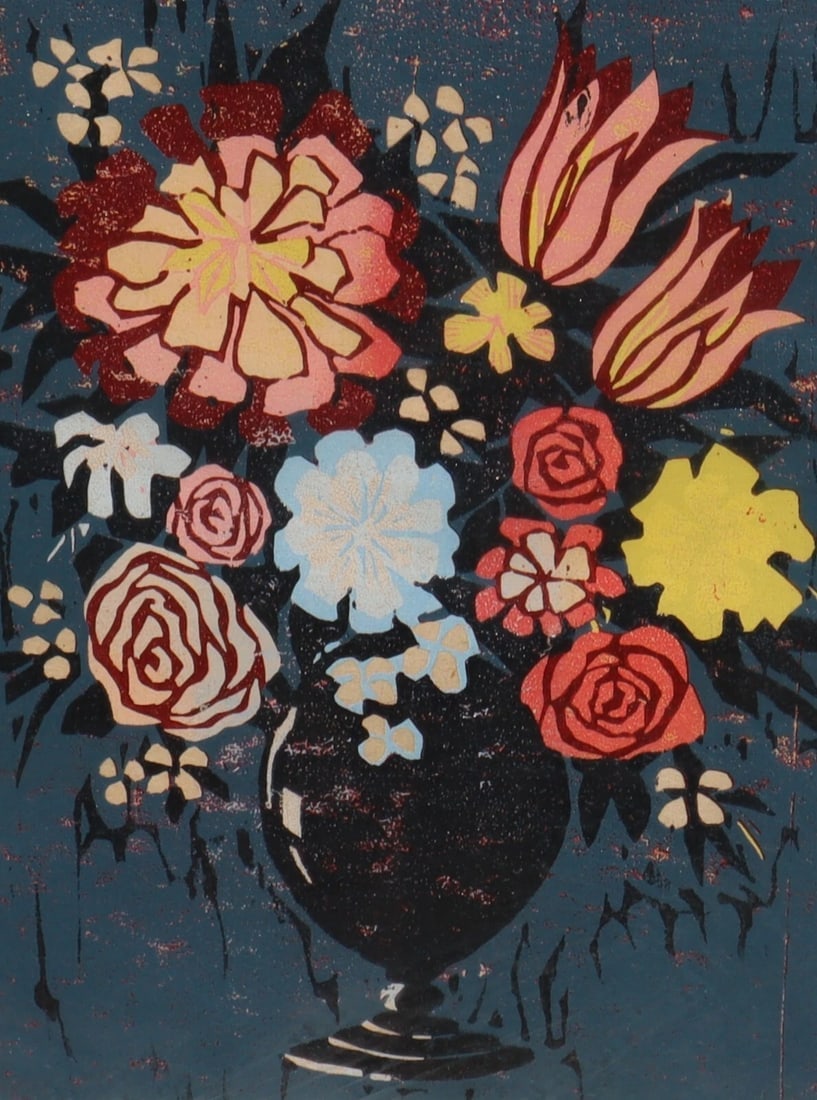 DAVID W. STEARNS Fine Gallery MCM S/N Rare Floral Woodcut "Potpourri" 1964 13/40 - 5