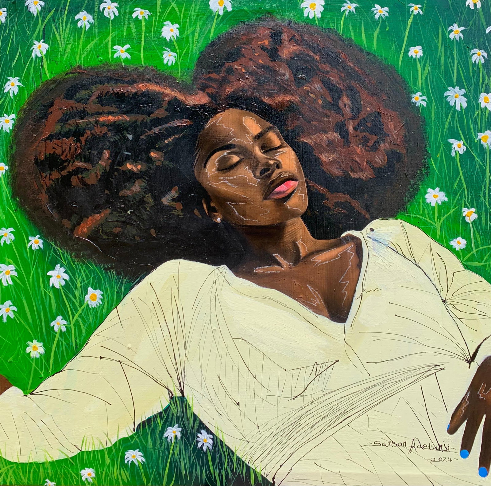 Samson Adetunji, In The Stillness - 21st Century Contemporary, Figurative Portrait, Green, Women, - 10