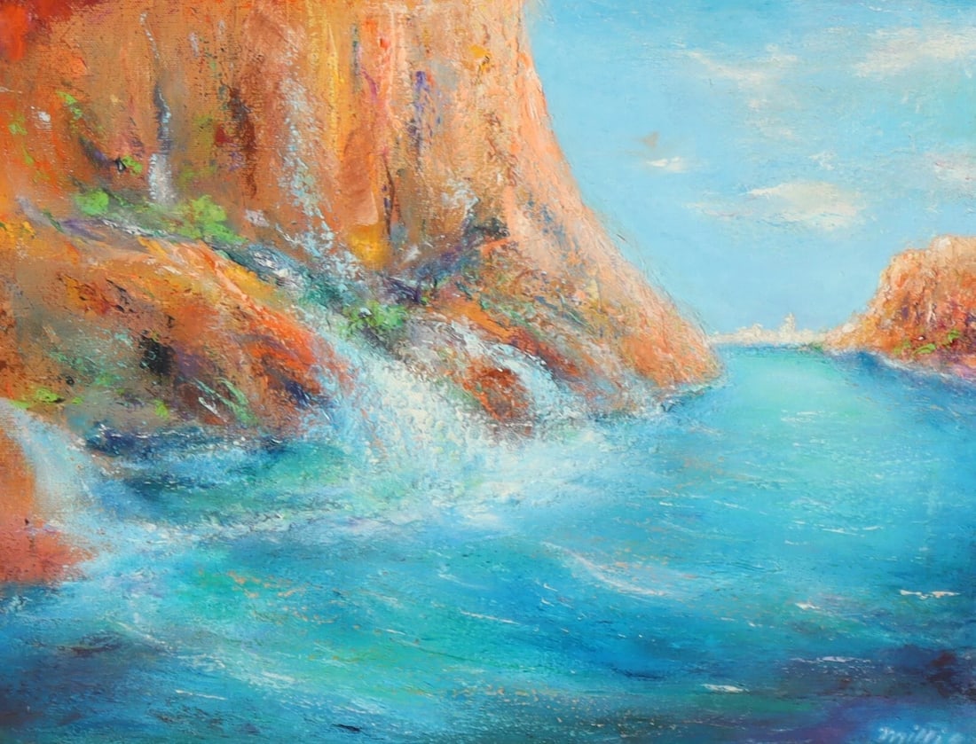 Turquoise Seascape with Cliffs oil painting by California artist Millie - 4