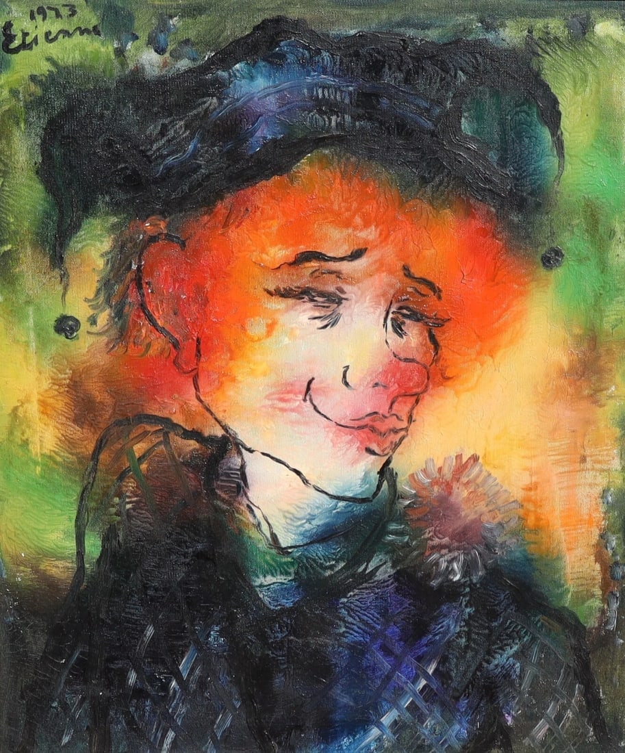 ROGER ETIENNE French Clown with Orange Hair & Beret oil painting - 3