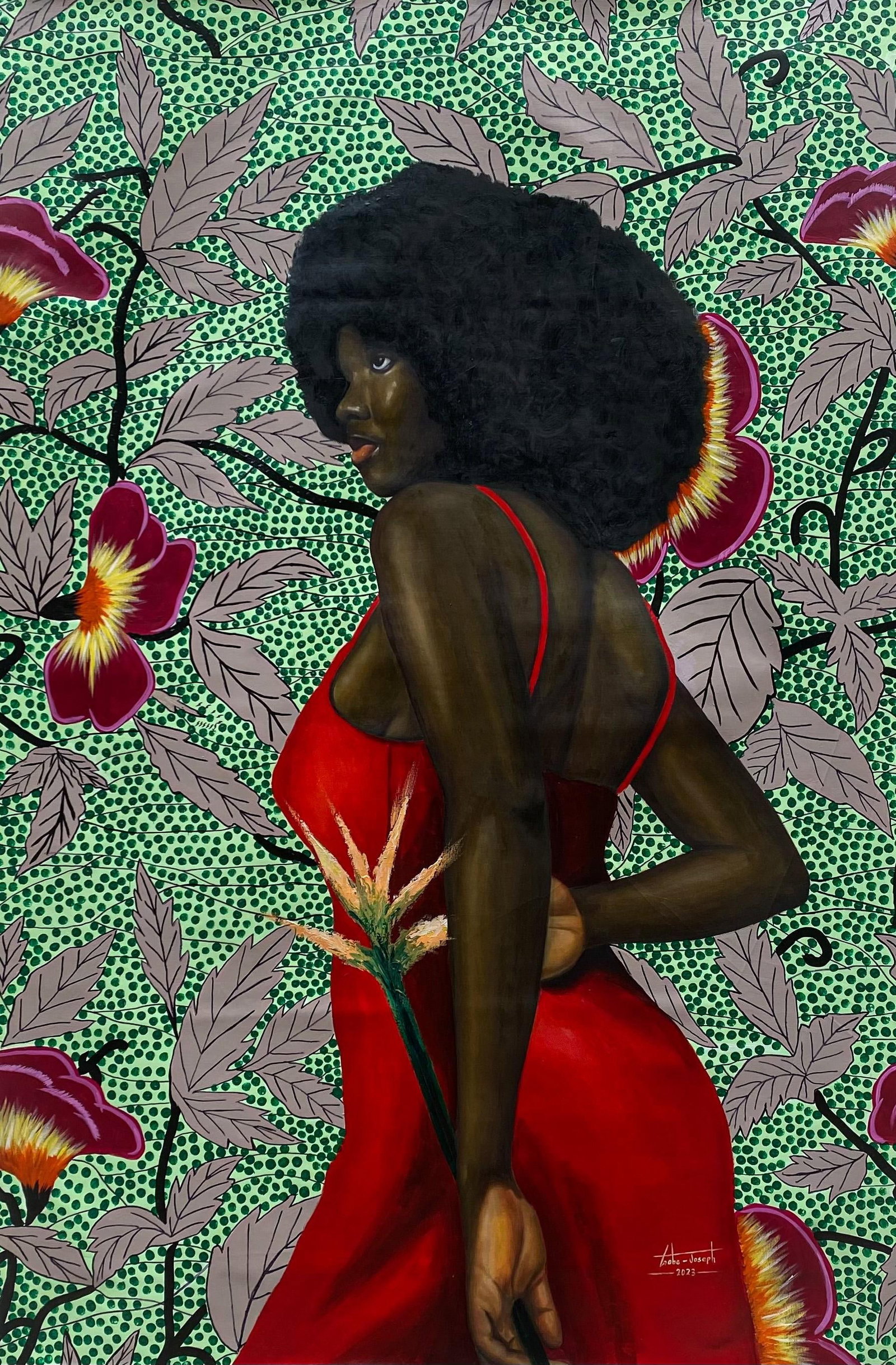 Gobe Joseph, Blossoms of Strength 1 - - 21st Century, Contemporary, Portrait, Women, Floral, 2023: Creator: Gobe Joseph (Nigerian) Creation Year: 2023 Dimensions: Height: 54 in (137.16 cm)Width: 35 in (88.9 cm)Depth: 1 in (2.54 cm) Medium: Oil,Canvas,Acrylic Movement & Style: Contemporary Period: 2