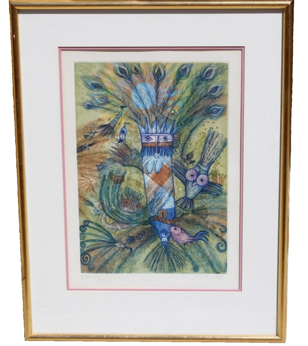 FRANCOISE DEBERDT French Naive Artist's Proof Etching Ed of 25 Bird & Feathers: Title:FRANCOISE DEBERDT French Naive Artist's Proof Etching Ed of 25 Bird & Feathers Description:FRANCOISE DEBERDT (b. 1934). French. Etching. Bird & Feathers, 14-3/4" x 10-1/4" sight size etching