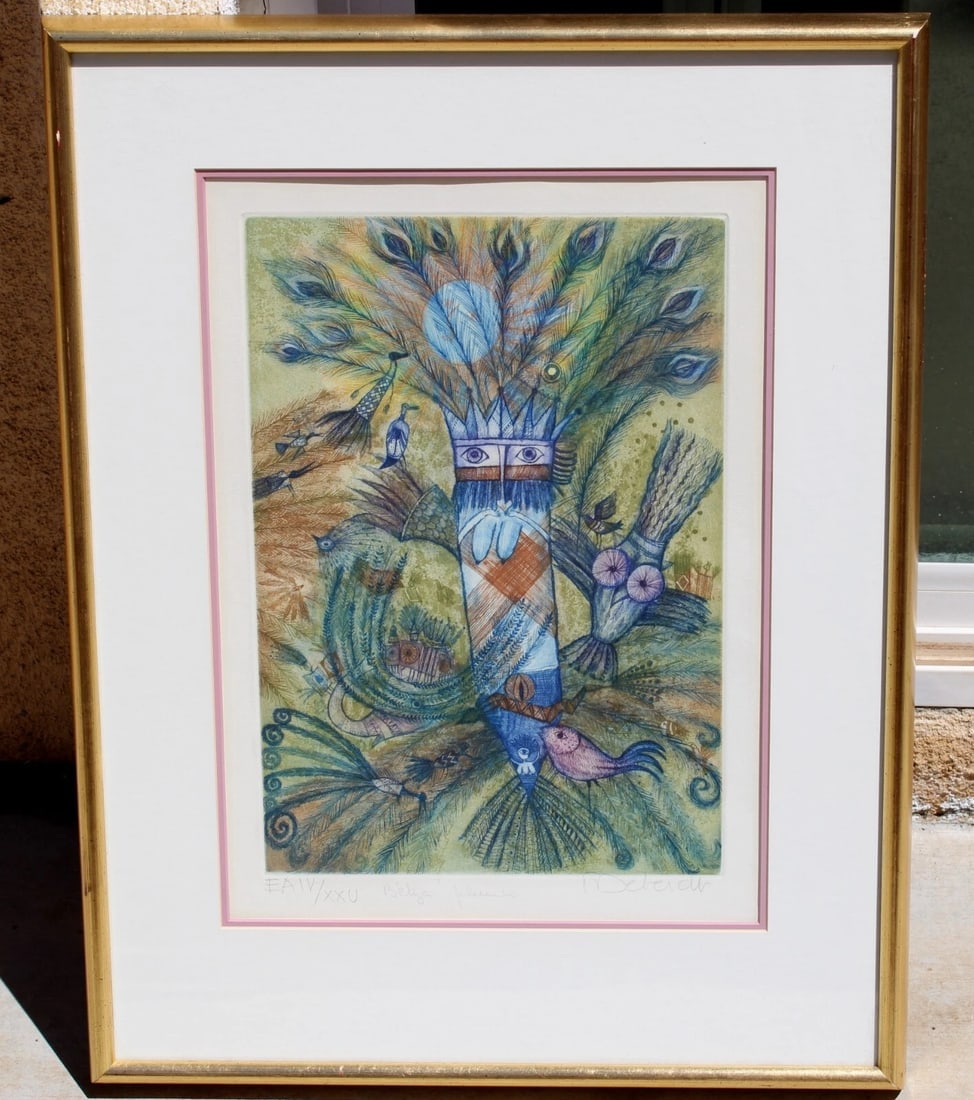 FRANCOISE DEBERDT French Naive Artist's Proof Etching Ed of 25 Bird & Feathers - 3