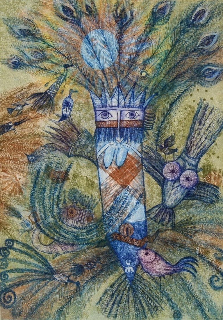 FRANCOISE DEBERDT French Naive Artist's Proof Etching Ed of 25 Bird & Feathers - 4