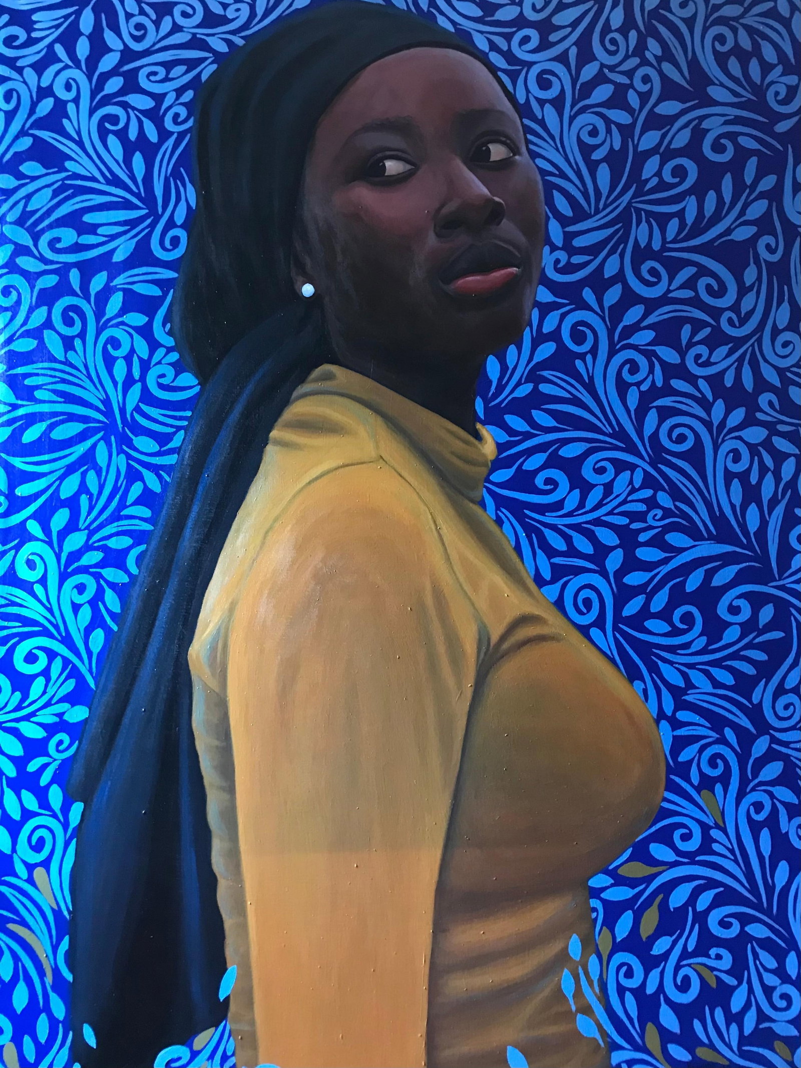 Kehinde Mayowa, Dauntless 3 -21st Century Contemporary, Figurative Portrait, Woman, Blue Pattern, - 11