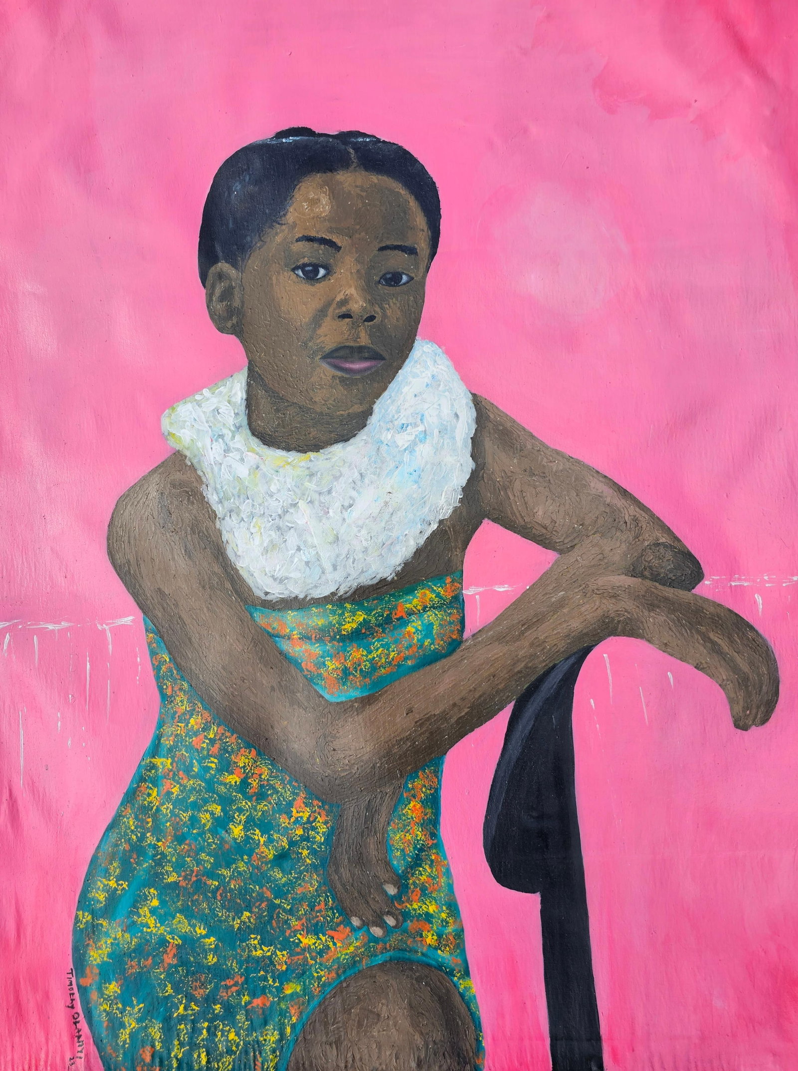 Olaniyi Timothy, Be Still - 21st Century Contemporary, Figurative Portrait, Acrylic, Young Girl,: Creator: Olaniyi Timothy (2003, Nigerian) Creation Year: 2023 Dimensions: Height: 48 in (121.92 cm)Width: 36 in (91.44 cm)Depth: 1 in (2.54 cm) Medium: Canvas,Acrylic Movement & Style: Realist Period: