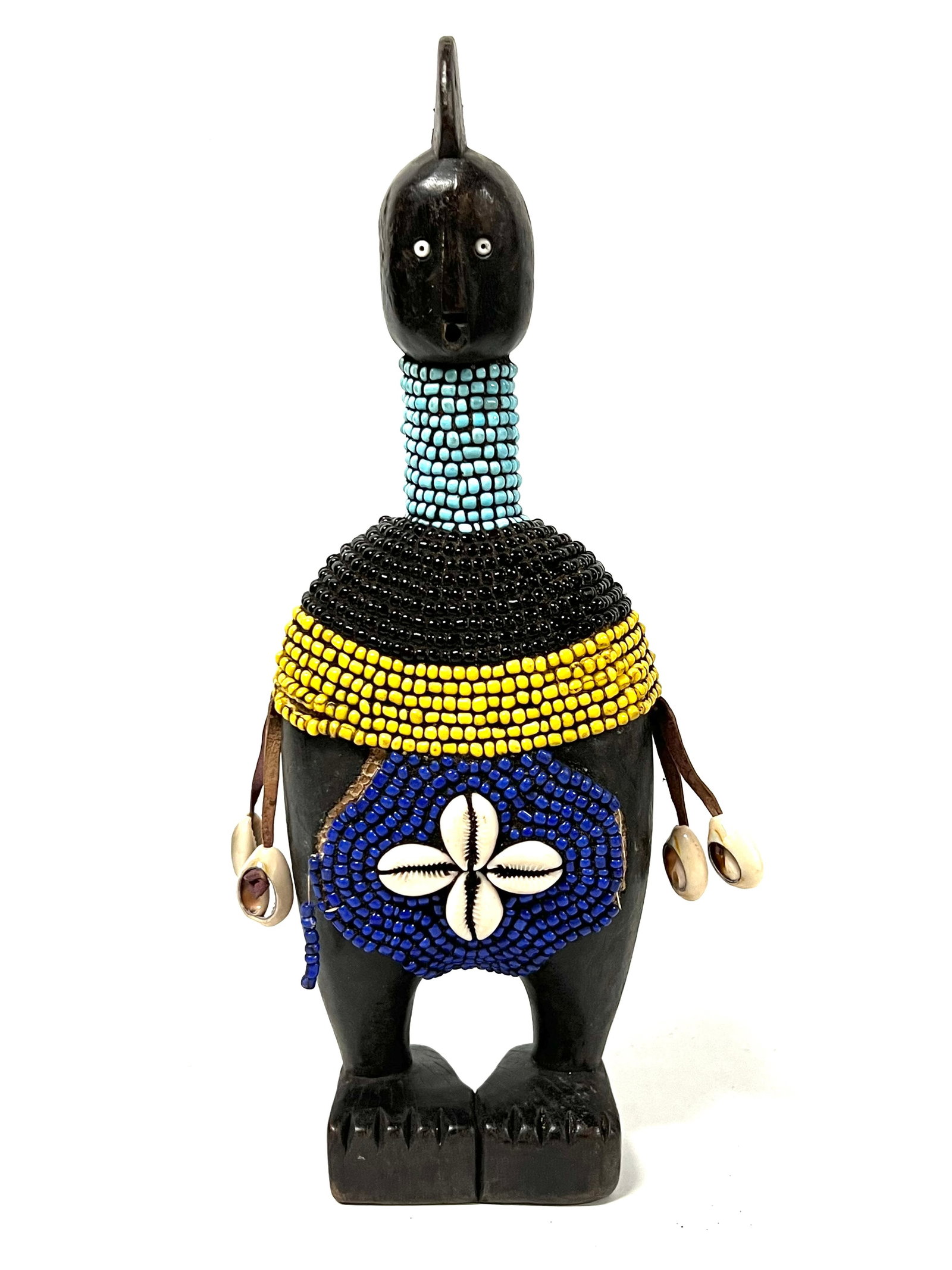 Namji Beaded Doll: Title: Namji Beaded Doll Description: African Tribal Art Carved Wood Namji Beaded Doll Materials: Wood Date/Period: Late 20th Century Size: 12.25' h x 4.25" w Reserve: $160.00 Shipping: Domestic:
