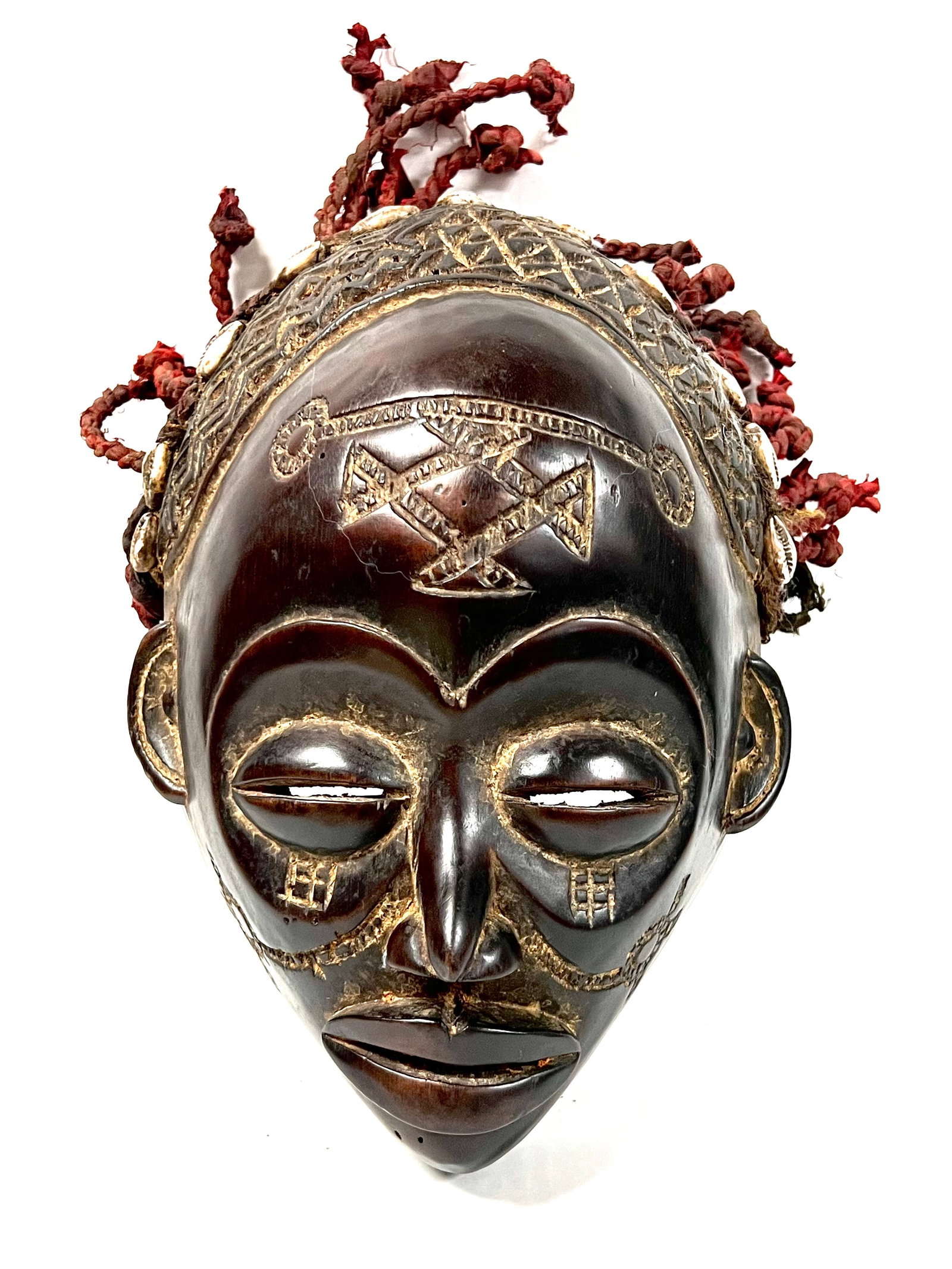 Chokwe Mask: Title: Chokwe Mask Description: African Tribal Art Carved Wood Chokwe Mask Materials: Wood Date/Period: Late 20th Century Size: 11" h x 8" w Reserve: $200.00 Shipping: Domestic: Flat-rate of $30.00