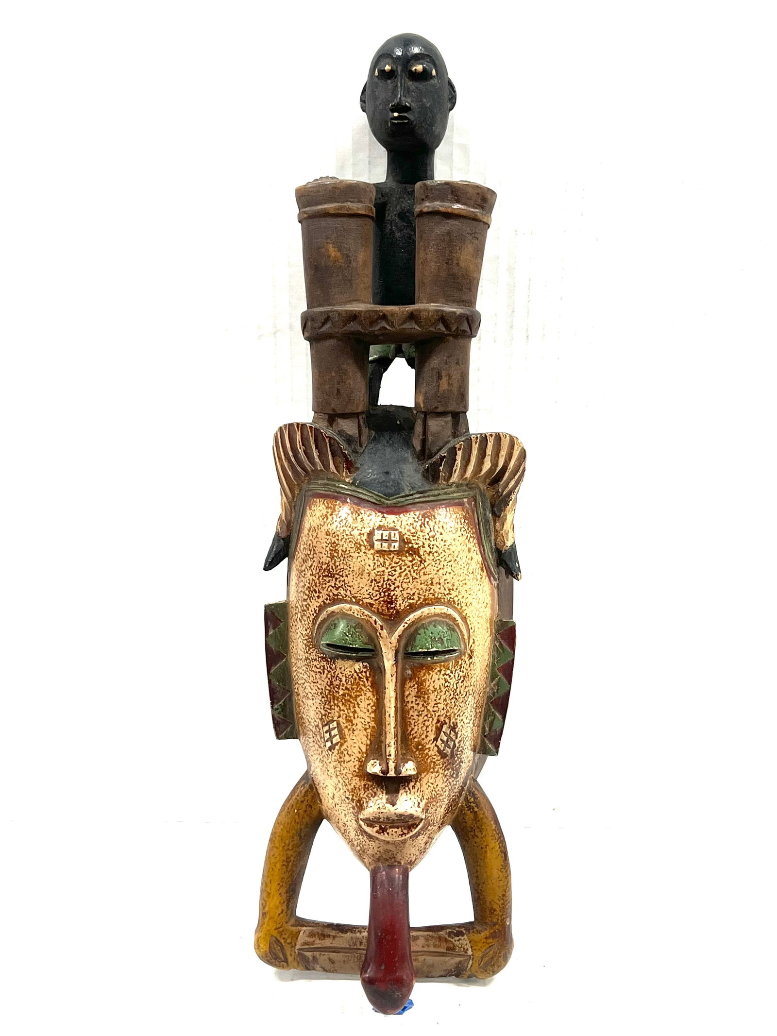 Guru Mask: Title: Guru Mask Description: African Tribal Art Carved Wood Guru Mask Materials: Wood Date/Period: Late 20th Century Size: 17.5" h x 5.5" w Reserve: $180.00 Shipping: Domestic: Flat-rate of $40.00