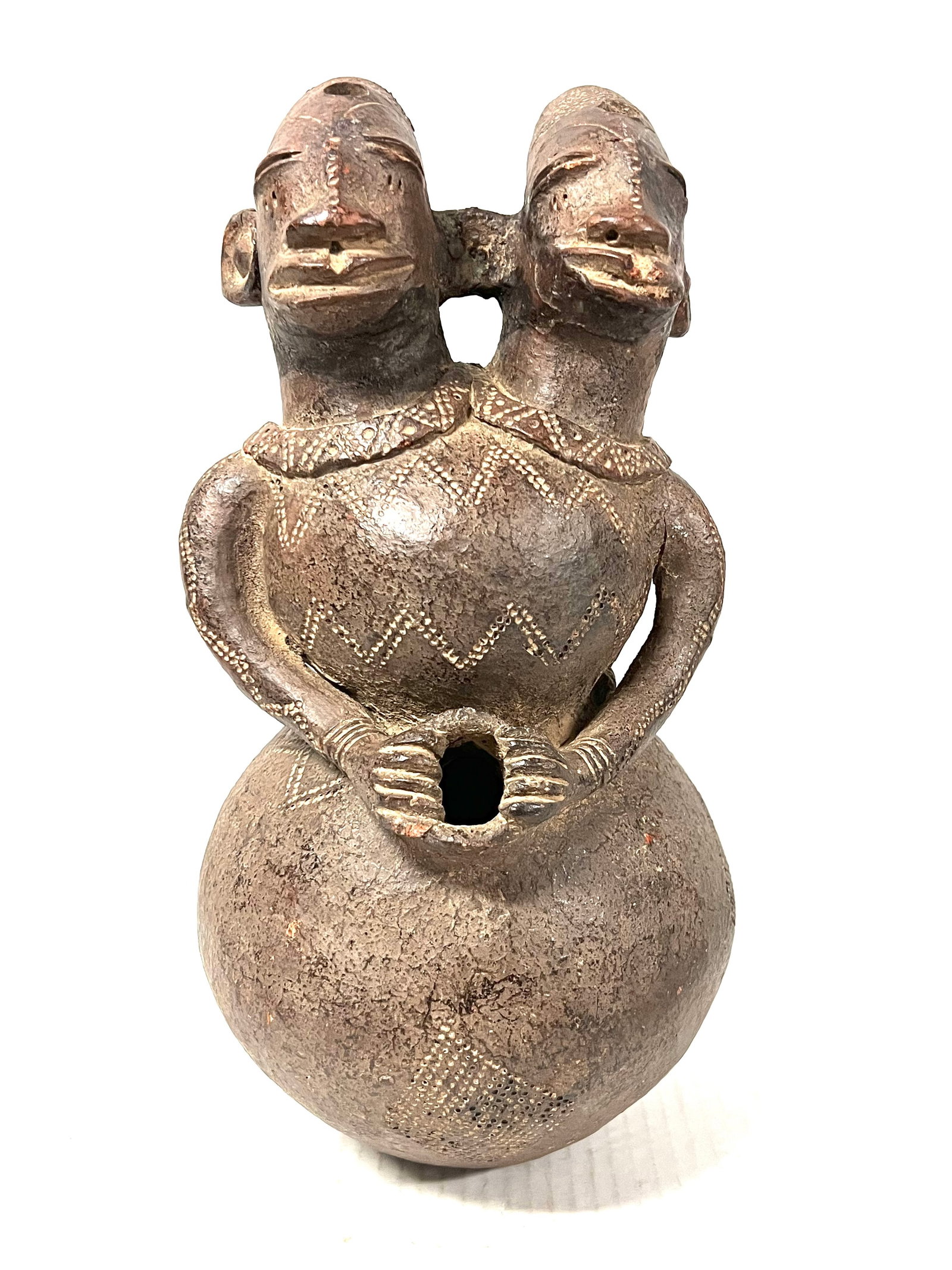 Mangbetu Pottery Jar: Title: Mangbetu Pottery Jar Description: African Tribal Art Carved Wood Mangbetu Potteyr Jar Materials: Pottery Date/Period: Late 20th Century Size: 12.5" h x 6.5" w Reserve: $160.00 Shipping: