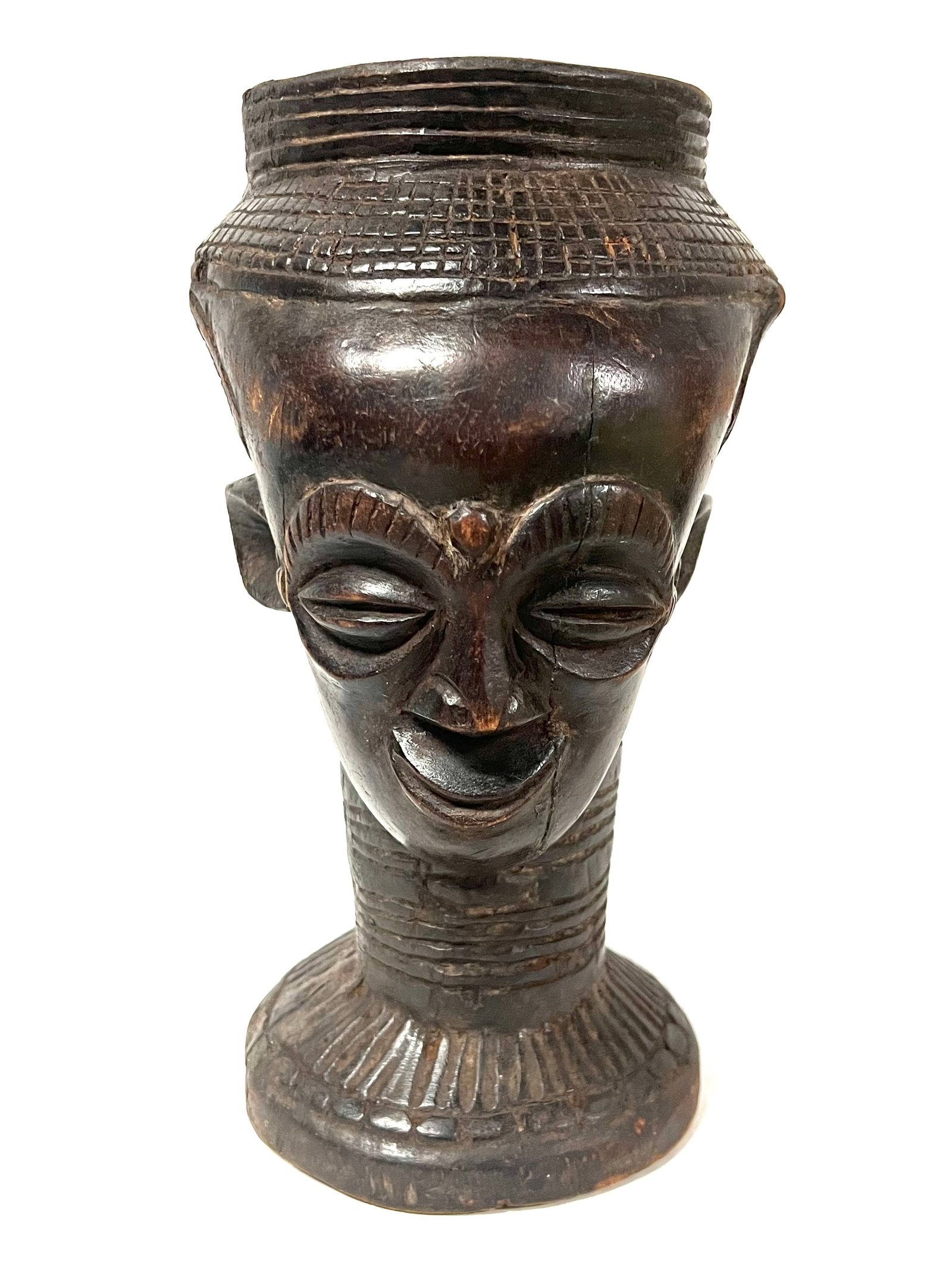 Kuba Cup: Title: Kuba Cup Description: African Tribal Art Carved Wood Kuba Cup Materials: Wood Date/Period: Late 20th Century Size: 11.5' h x 8" w Reserve: $300.00 Shipping: Domestic: Flat-rate of $30.00 to