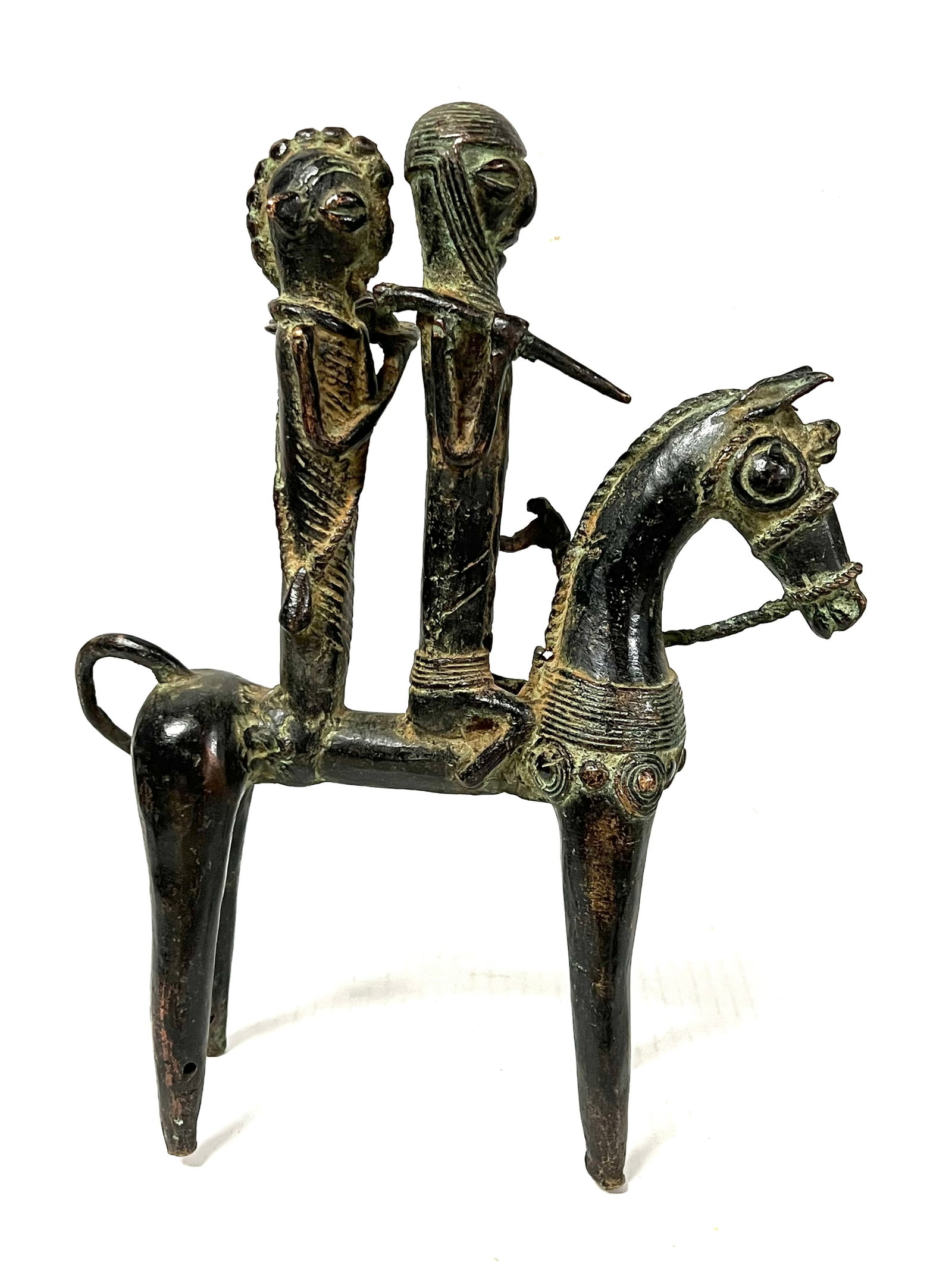 Chad Bronze Horse with Rider: Title: Chad Bronze Horse with Rider Description: African Tribal Art Chad Bronze Horse With Rider Materials: Brozne Date/Period: Late 20th Century Size: 12.5" h x 10" w Reserve: $600.00 Shipping: