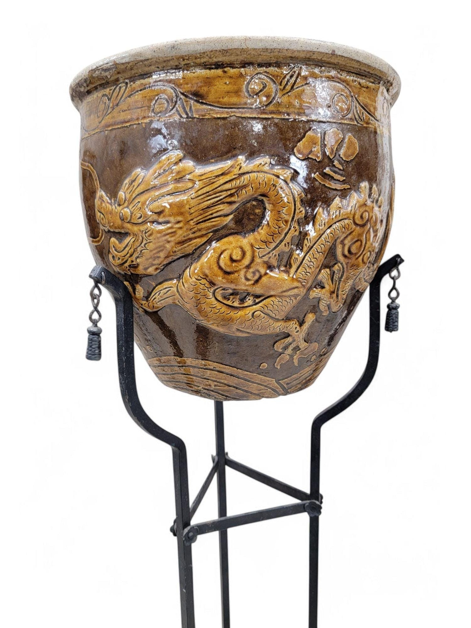 Vintage Chinese Ceramic Dragon Cachepot Floor Planters - Pair - 4