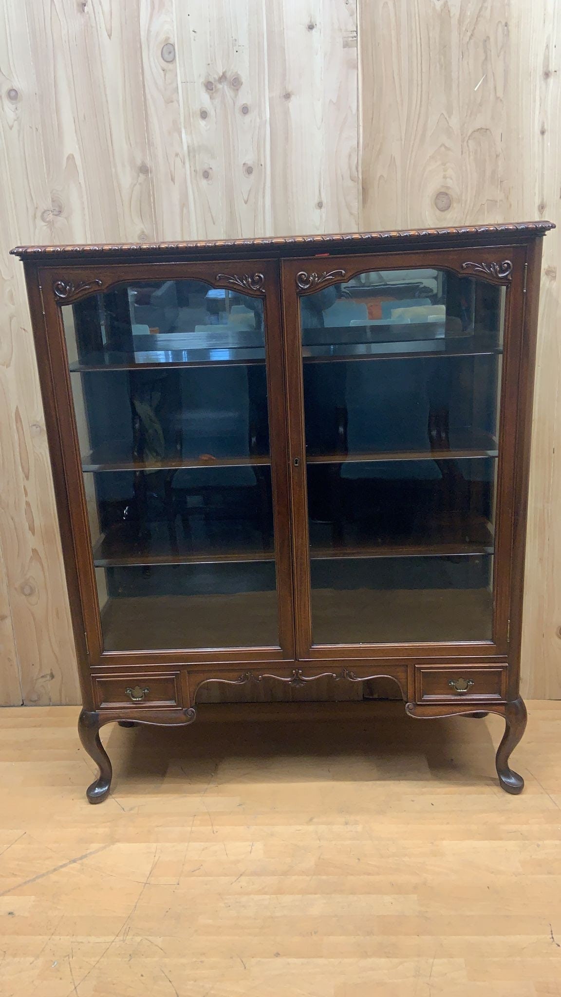 Antique Queen Anne Style Mahogany Glass Panel Bookcase/Display Cabinet (1 of 7)