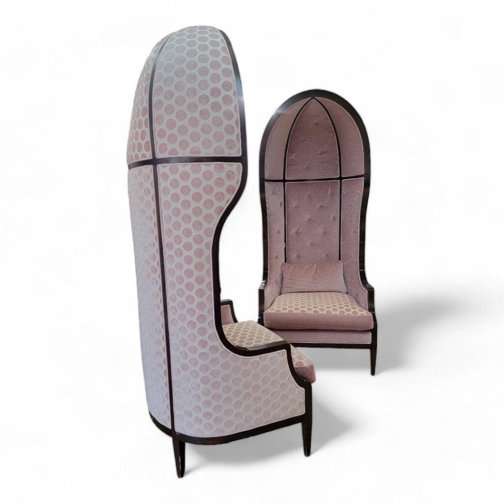 Vintage Parisian Mahogany Canopy Parlor Chairs Newly Reupholstered - Pair: Title: Vintage Parisian Mahogany Canopy Parlor Chairs Newly Reupholstered - Pair Description: Overall width: 34 inchesOverall height: 86 inchesOverall depth: 33 inchesSeat height: 19.5 inchesSeat