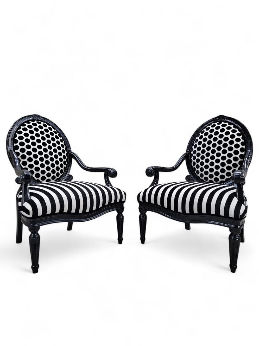 Vintage French Louis Style Chairs Newly Reupholstered - Pair: Title: Vintage French Louis Style Chairs Newly Reupholstered - Pair Description: Vintage French Louis Style Armchairs Newly Reupholstered in Black & White, Stipe & Polka-Dot Patterned Velvet