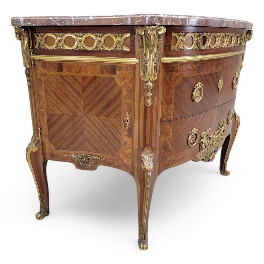 Antique French Acajou and Tulipwood Gilt Bronze Marble Top Commode - 3