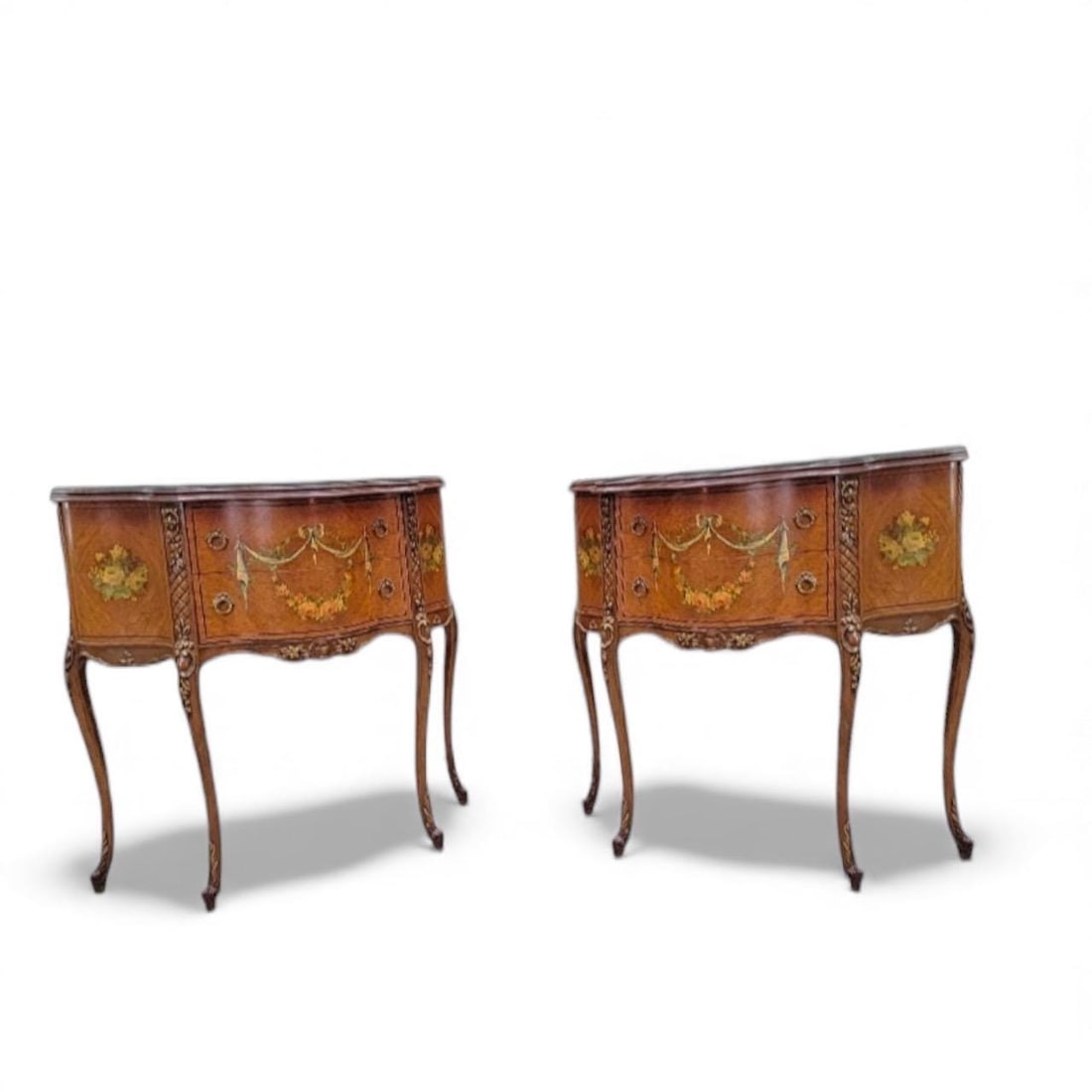 Antique Neoclassical French Style Hand Painted End Tabes/Nightstands - Pair: Title: Antique Neoclassical French Style Hand Painted End Tabes/Nightstands - Pair Description: Materials: Metal, woodAntique Neoclassical French Style Hand Painted Satinwood Side/End