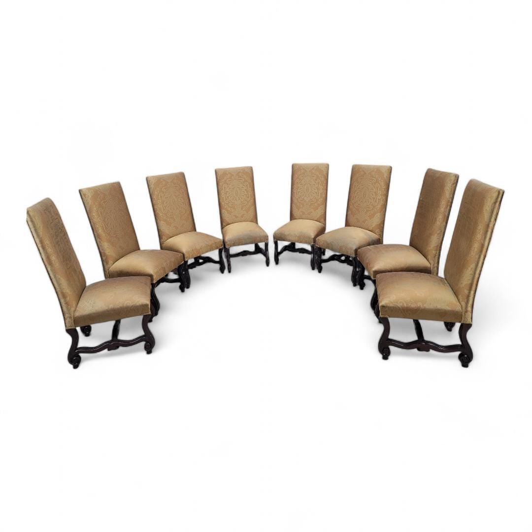Vintage Italian Regency Style High Back Dinning Chairs - Set of 8: Title: Vintage Italian Regency Style High Back Dinning Chairs - Set of 8 Description: Vintage Italian Regency Style High Back with Walnut Legs Dinning Chairs - Set of 8 This exquisite set of eight vin