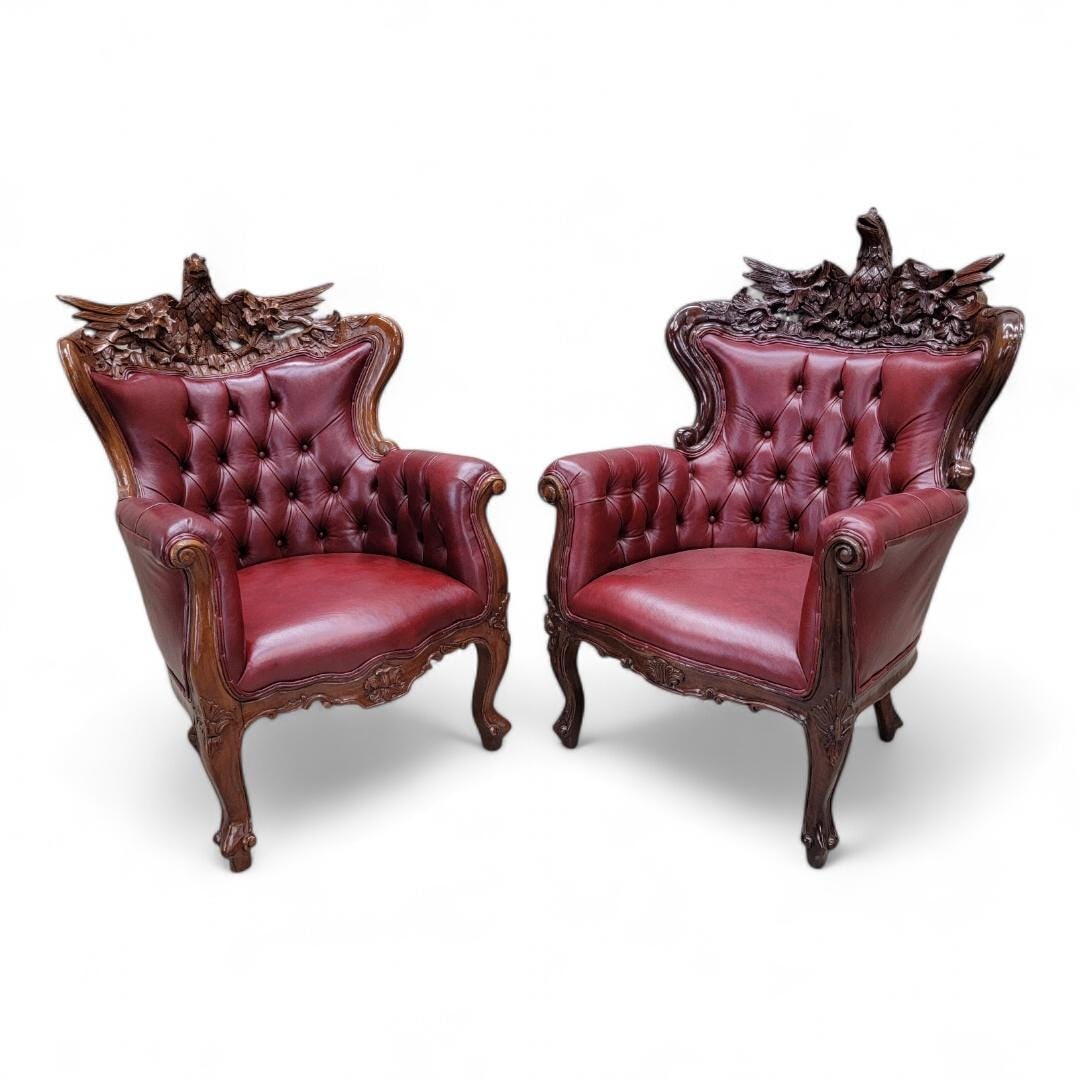 Antique Federal Style Chairs Newly Reupholstered - Set of 2: Title: Antique Federal Style Chairs Newly Reupholstered - Set of 2 Description: Antique Federal Style Carved Ornate Tufted Back Chairs Newly Reupholstered in Red Leather - Set of 2 Absolutely exquisit