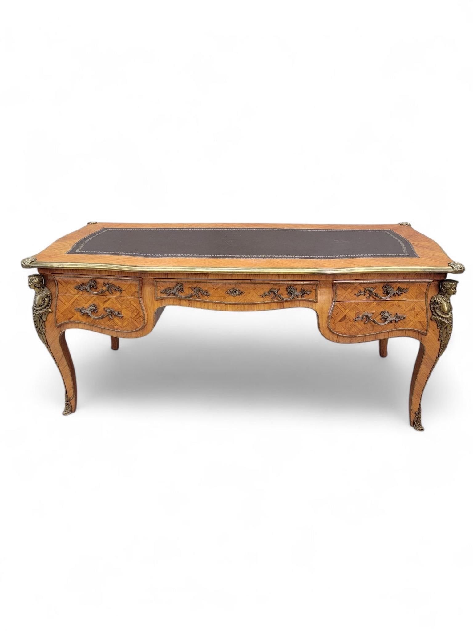 Antique Louis XV Style Inlaid Bureau Plat Writing Desk - 3