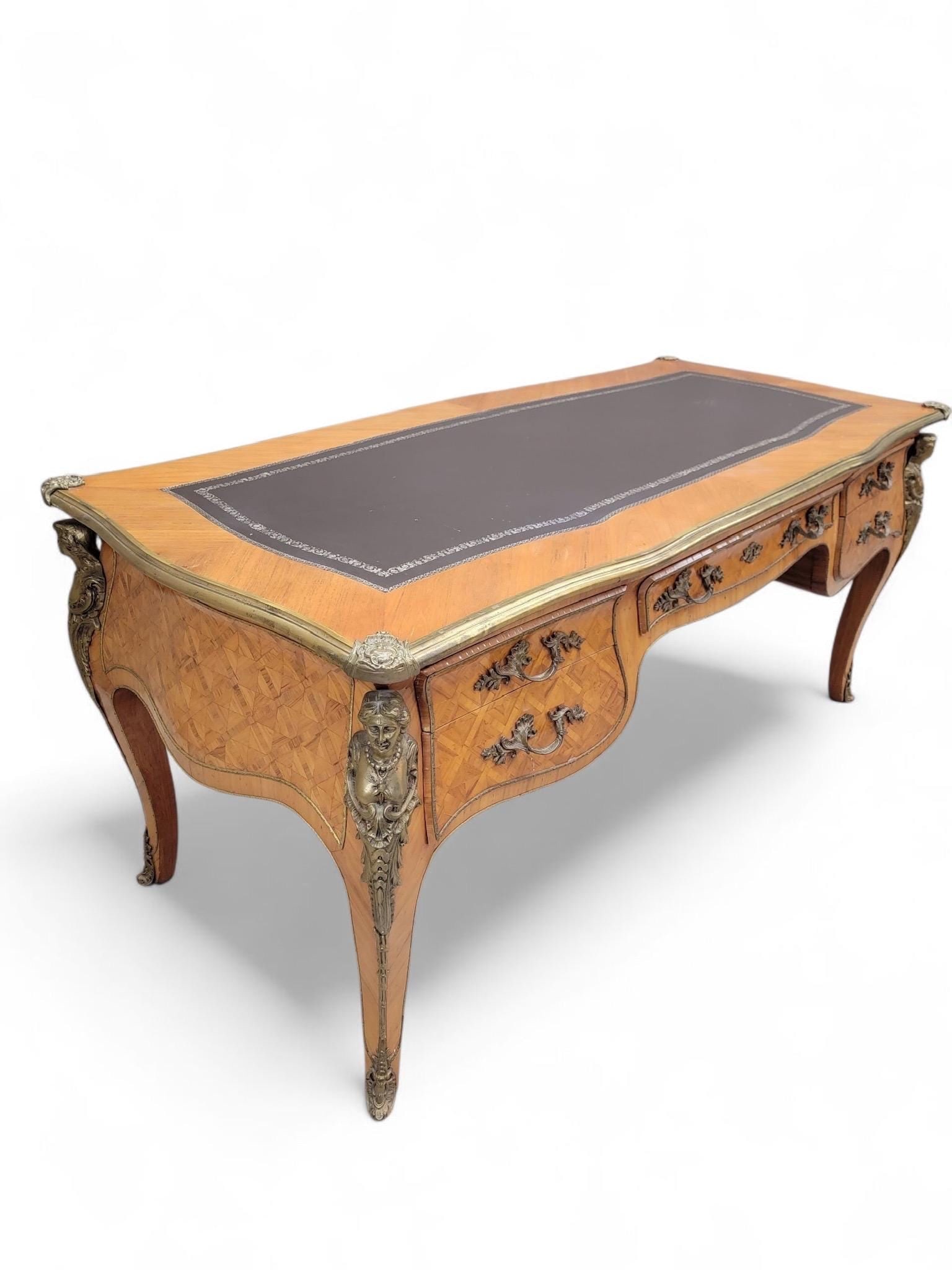 Antique Louis XV Style Inlaid Bureau Plat Writing Desk - 6